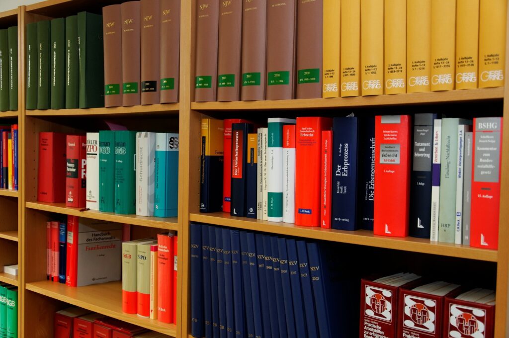 Auf dem Bild ist ein Bücherregal voller Rechtsbücher und Gesetzestexte zu sehen.